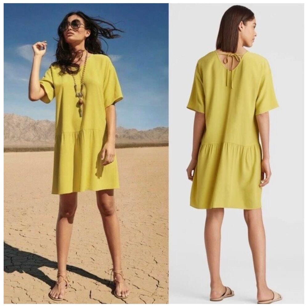 Eileen Fisher Viscose Drop Waist Dress Yellow Tie Back Short Sleeve V-Neck Sz L